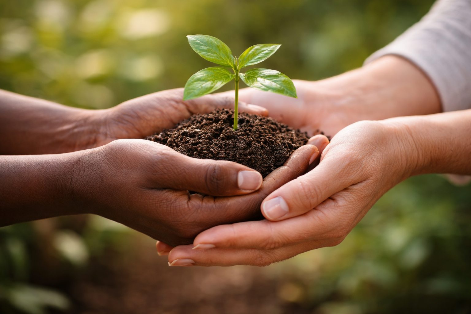 Mains tenant ensemble une jeune pousse, symbolisant le soutien et la croissance